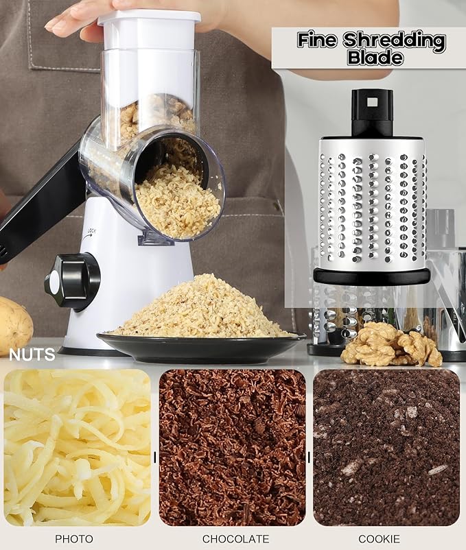 Ourokhome Rotary Cheese Grater Hand Crank, Kitchen Shredder Speed Mandolin Slicer Nuts Grinder with Handle and Drum Blades for Cheese, Vegetable, Walnuts, Chocolate, Potato, 3 Blades, White Black