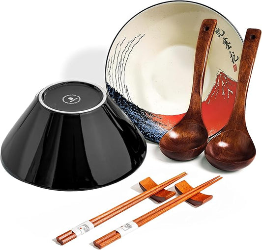 Japanese Ramen Bowl Set with Red Fuji Design - 60oz Large Ceramic Bowls, Spoons, Chopsticks for Ramen, Pho, Salad, Poke - Premium Gift for Ramen Lovers - Microwave & Dishwasher Safe
