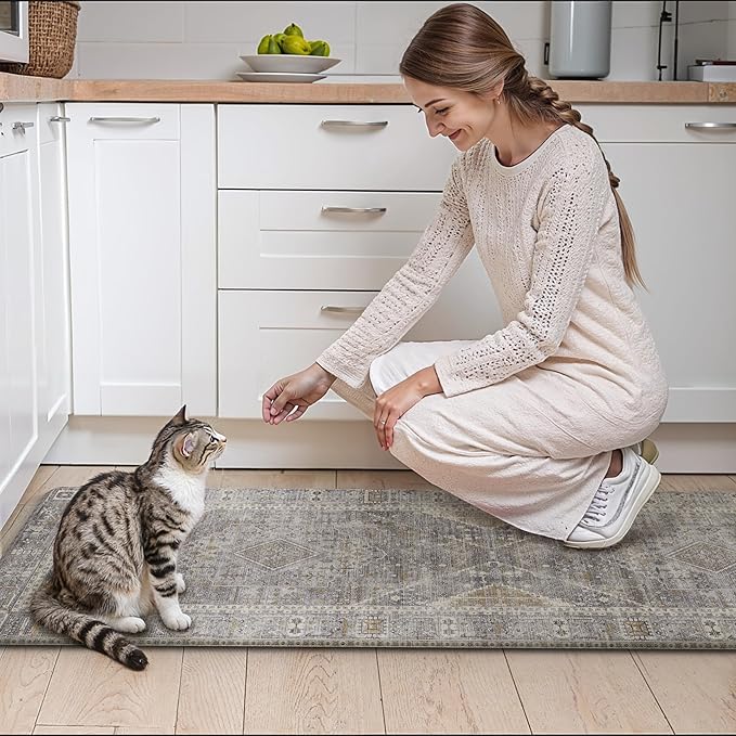 GENIMO Kitchen Mats for Floor 2PCs, Washable Anti Fatigue Mat for Cushioned, 17.3"x47"+17.3"x30", Waterproof Kitchen Rugs, Non Slip Comfort Standing Mat Rug for Home, Sink, Laundry, Lightgrey