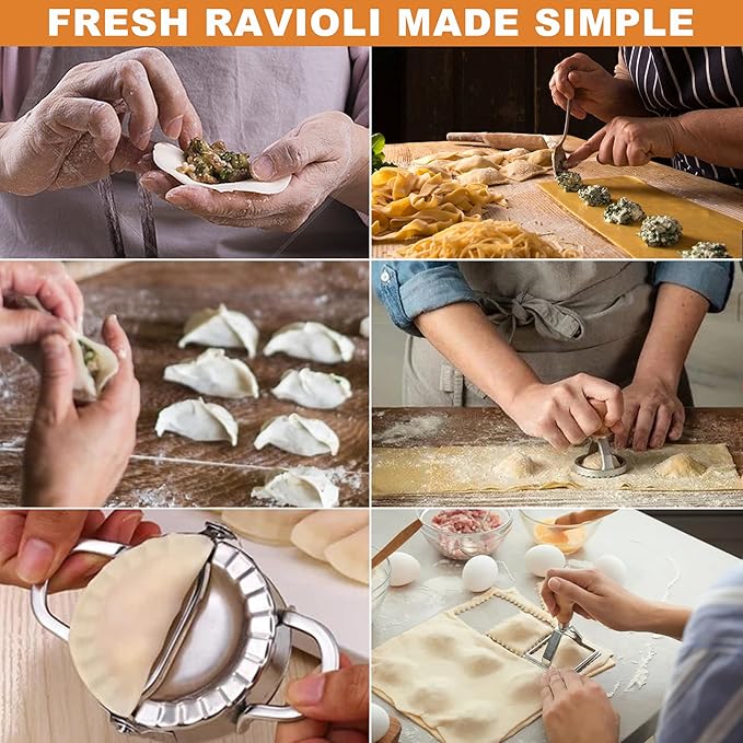 Ravioli Pasta Maker Cutter with Roller Wheel (Set of 6), Ravioli Cutter Set with Wooden Handle, Ravioli Press Pasta Maker Tools for Ravioli, Pasta Making Dumplings, Lasagna, Pierogi