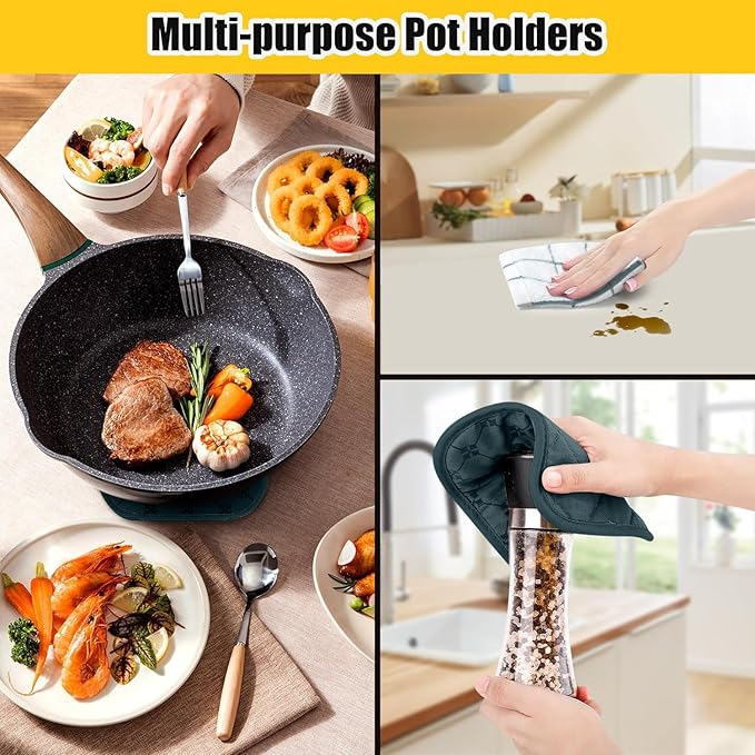 Oven Mitts Kitchen Towels Dishcloths with Pot Holders Sets 12PCS,Dish Towels Sets,Oven Gloves Pot Pads Heat Resistant 500 Degrees with Non-Slip Silicone Surface for Cooking Baking Grilling-Deep Green