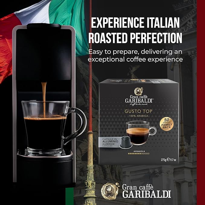 Gran Caffè Garibaldi Espresso Pods, Italian Roasted Compatible Nespresso Original Line Machines, 100% Arabica Blend, Brazilian & Central American Beans, Cocoa Aroma - Gusto Top (Aluminum) 50 Cups