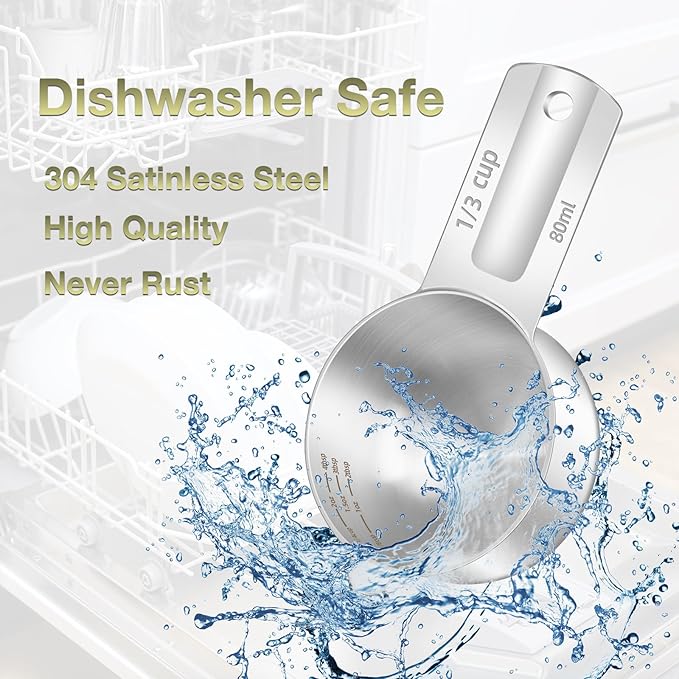 2PCS 1/3Cup (80ml, 2.6oz) Single Measuring Cup, Etched Inner Scale Stainless Steel Measure Scoop, Metric and US Measurement, Dishwasher Safe
