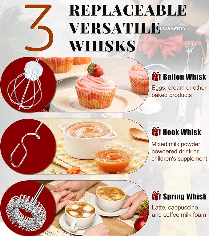 YUSWKO Milk Frother Handheld for Coffee with Stand, Rechargeable Drink Mixer with 3 Heads 3 Speeds Electric Coffee Frother Whisk, Gift for Many Occasions and Festival