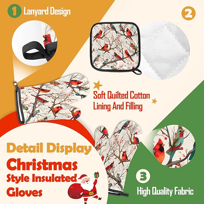Oven Mitts Pot Holders Set 3 for Kitchen, Christmas Cardinal Insulation Oven Gloves Heat Resistant Pot Pads Cook Essentials Accessories for BBQ Baking Cooking Kitchen Decor Gifts for Women