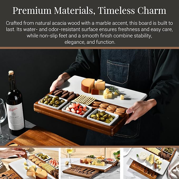 Shanik Marble & Acacia Wood Cheese Board Set – Includes 3 Ceramic Bowls, Stainless Steel Cutlery – Charcuterie Platter Gift for Entertaining