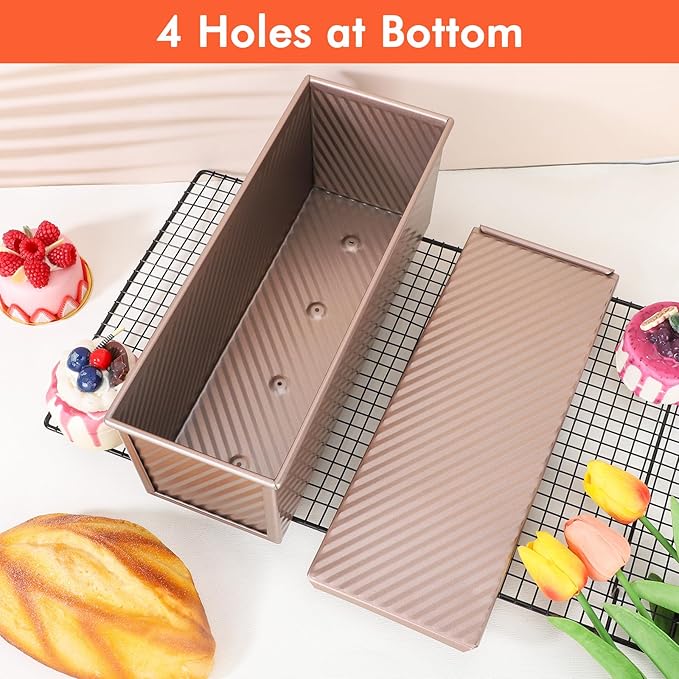 Beasea 2lb Pullman Loaf Pan with Lid, 1 Pack 12x4inch Large Bread Loaf Pans Carbon Steel Toast Box with Dough Scraper Set for Homemade Bread Bakeware Oven Baking - Rose Gold