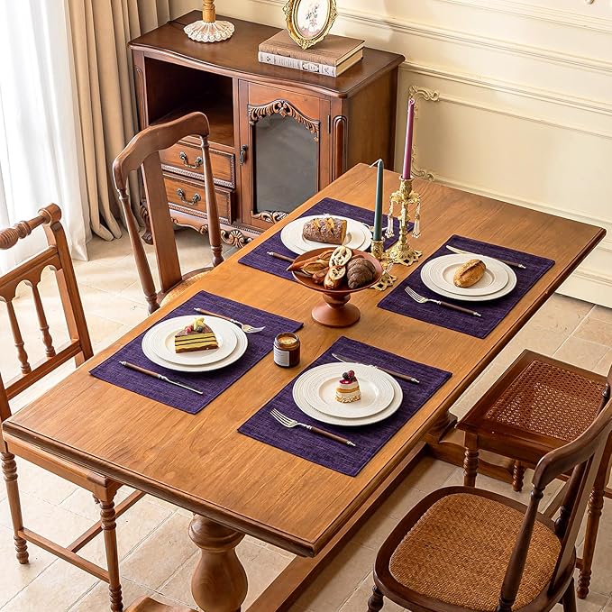 KXN Placemats Set of 4, Dual-Layer Thickened Faux Linen Table Mats, Heat Resistant & Wrinkle-Free, Machine Washable Cloth Place Mats for Kitchen Dining Indoor Outdoor (Purple)