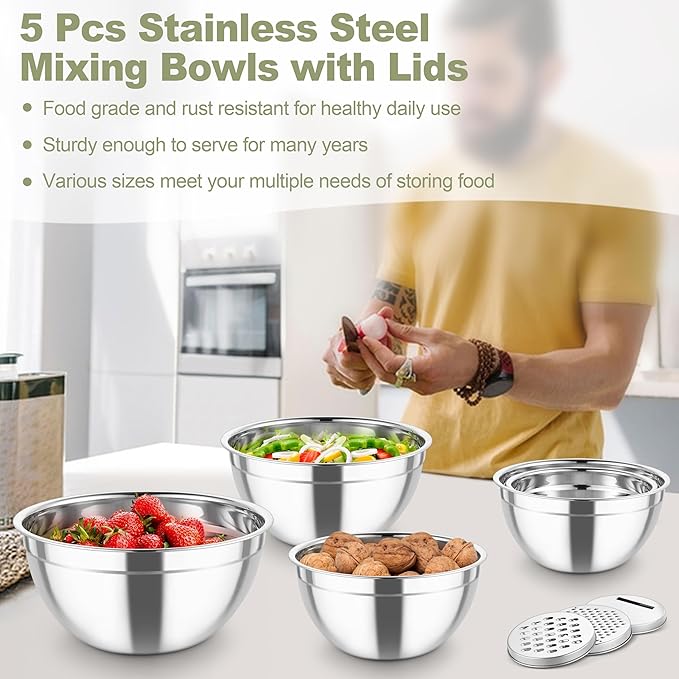 TeamFar Mixing Bowls, Stainless Steel Salad Serving Bowl with Clear Lids & 3 Graters, For Kitchen Cooking Prepping Storing, Size 4.6/2.6/1.5/1/0.7 QT, Nesting & Airtight, Set of 5 & Khaki