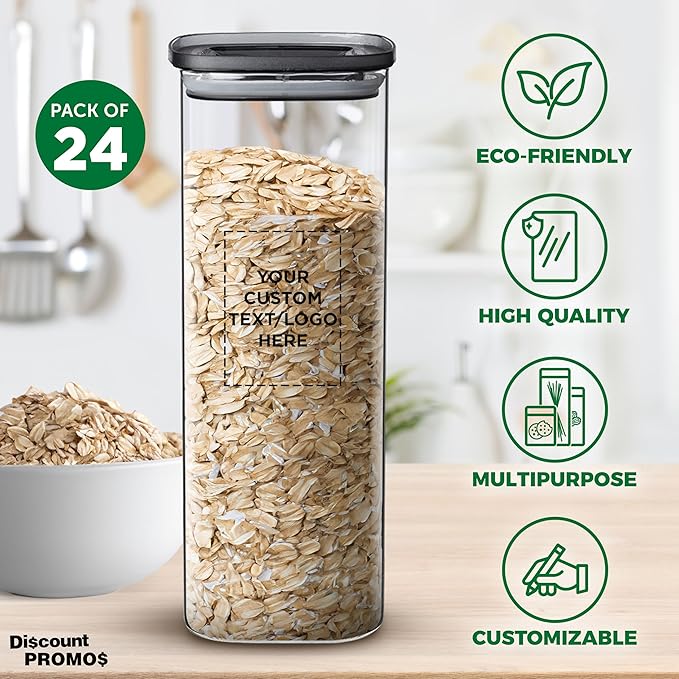 DISCOUNT PROMOS Custom Meridian 71 oz. Glass Storage Jars Set of 24, Personalized Bulk Pack - Durable Kitchen Organization, Home Decor Essentials, Food Storage Solutions - Clear