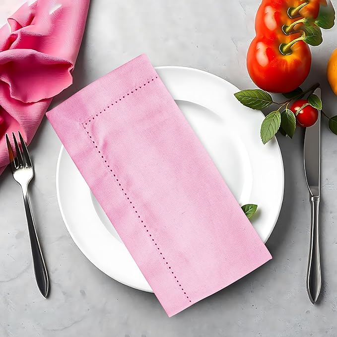 Urban Villa Easter Cloth Napkins Hemstitch Solid Pink 100% Cotton Absorbent Dinner Napkins (Set of 12) 20x20 Inches Soft Durable Washable Reusable Ideal for Everyday Use Wedding Parties Cloth Napkins