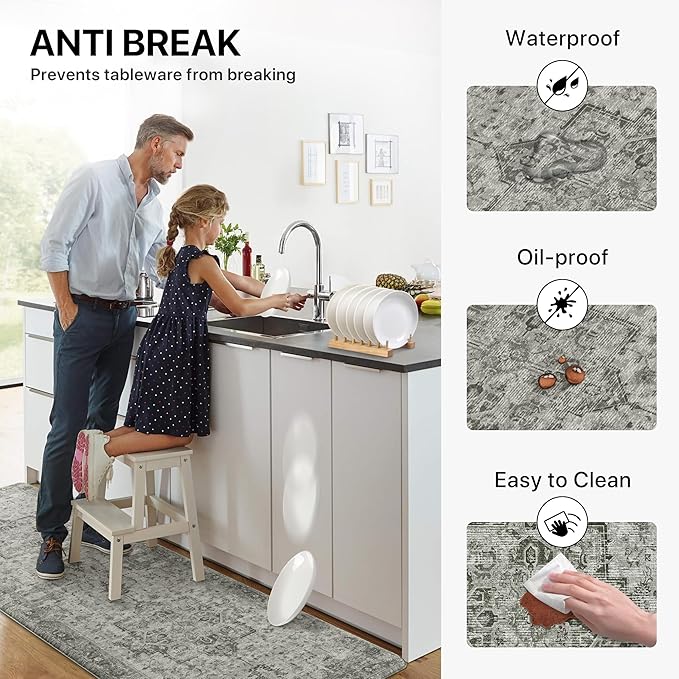GENIMO Kitchen Mats for Floor 2PCs, Washable Anti Fatigue Mat for Cushioned, 17.3"x59"+17.3"x30", Waterproof Kitchen Rugs, Non Slip Standing Mat Rug for Home, Runner, Sink, Laundry, Vintage Grey
