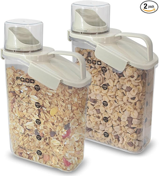 Two Pack Food & Cereal Storage Container - 2.6L Airtight Plastic Kitchen Organizer Bin with Pouring Spout, Measuring Cup Lid, Ideal for Dry Food, Rice, Sugar, Pet Food dispenser - BPA free