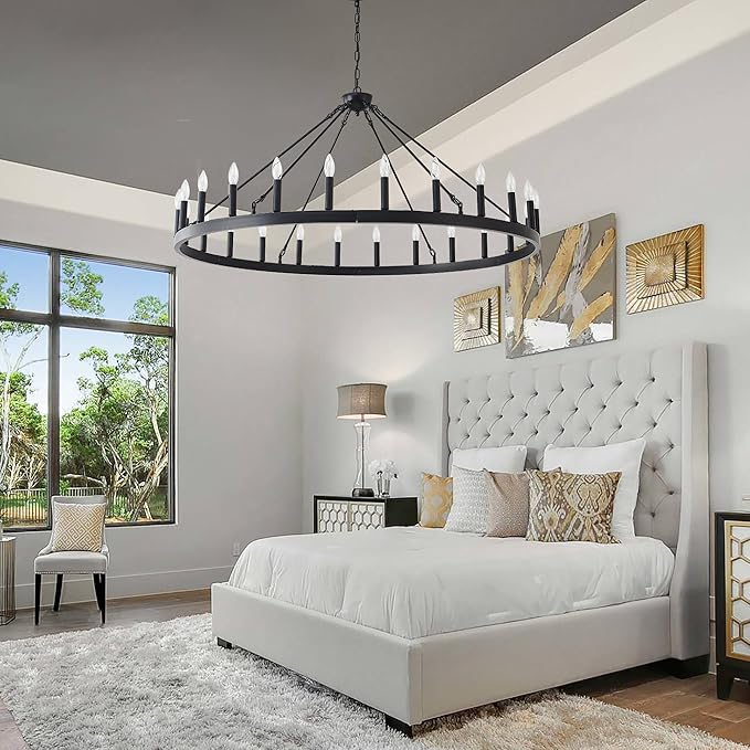 53 Inch Large Black Farmhouse Wagon Wheel Chandelier,24-Light Round Industrial Pendant Light fixtures for Outdoor Porch high Ceilings Living Dining Room Foyer Entryway