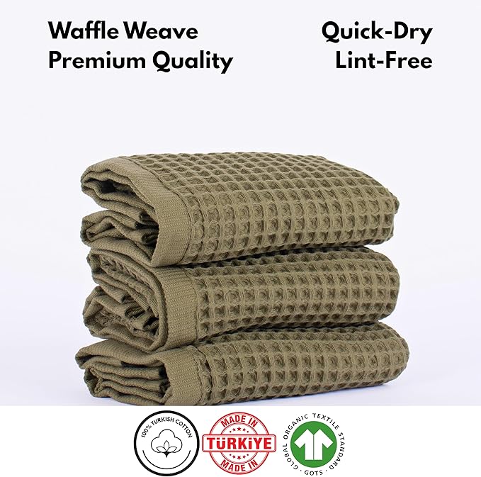 PÜSKÜL Organic Waffle Kitchen Towel 100% Turkish Cotton Set of 3 Khakie Green - Premium Quality, Soft, Quick-Dry, Absorbent, Lint-Free Hand Towels 32X16 Inches (3, Khaki Green)
