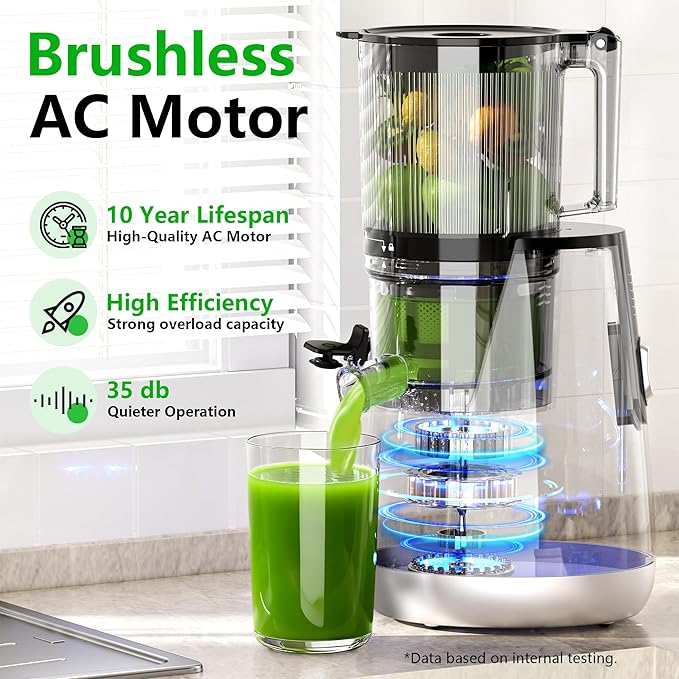 B11 Cold Press Juicer, 6" Extra Wide Feed Chute Slow Masticating Juicer Machine, Powerful AC Brushless Motor, Self Precut System, Easy to Clean, BPA-Free, Extra one Replace juicer strainer
