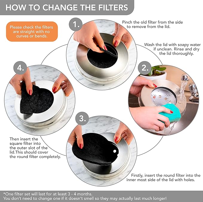 RED FACTOR Premium Compost Bin for Kitchen Countertop - Stainless Steel Food Waste Bucket with Innovative Dual Filter Technology - Includes Spare Filters (Brilliant Steel, 1.3 Gallon)