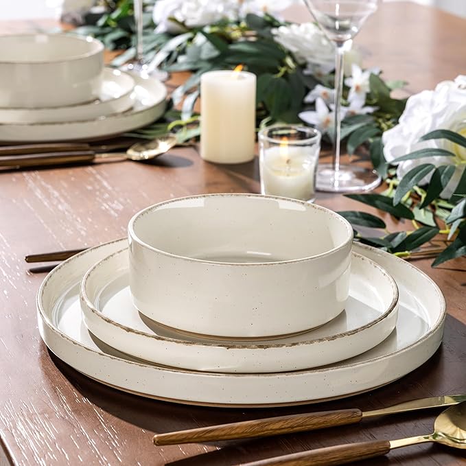 AmorArc Ceramic Dinnerware Sets for 4, 12 Pieces Handpainted Plates and Bowls Set with Rustic Terracotta Underside, Scratch Resistant Stoneware Dishes Set, Dishwasher & Microwave Safe