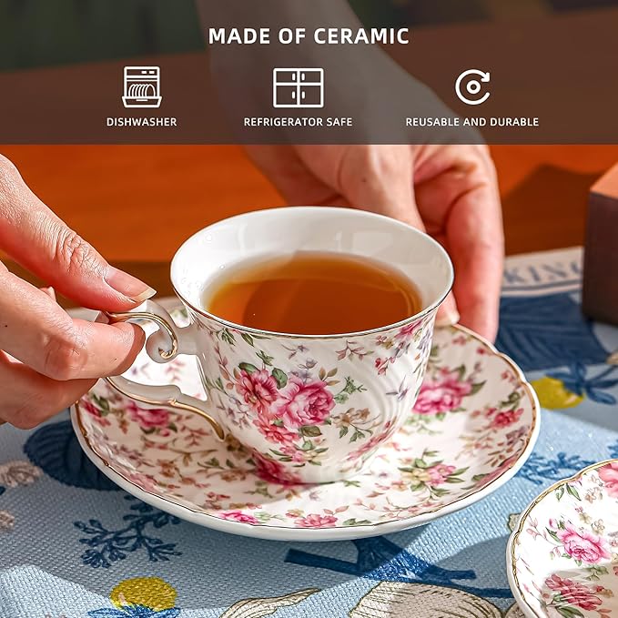 tea cups and saucers ceramic coffee mug 6oz for Coffee, Latte, Cafe Mocha and Tea-Set of 4 (Big flowers-Set of 4)