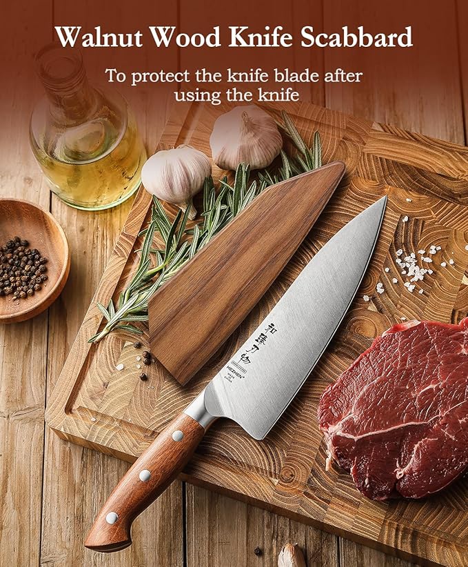 HEZHEN Pro Chefs Knives 8.3 Inch,High Carbon German 1.4116 Steel,Stainless Steel Rivets with Red Wood Handle，Razor Sharp,Super Edge,with Woodern Knife Sheath