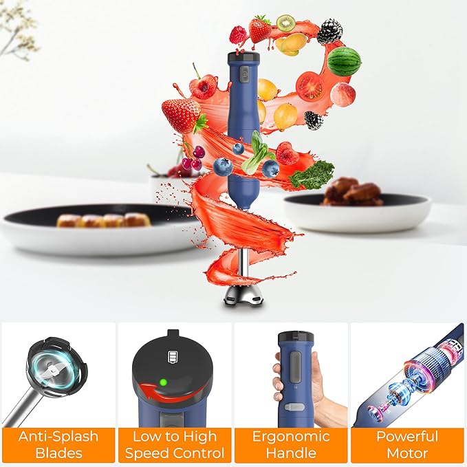 Rosewill 6-in-1 Multi-Speed Cordless Rechargeable Immersion Hand Blender, Heavy Duty Motor - Stick Blender, Beaker, Whisk, Chopper, Dual Beater, Milk Frother - For Smoothies, Baby Food, Soup (Blue)