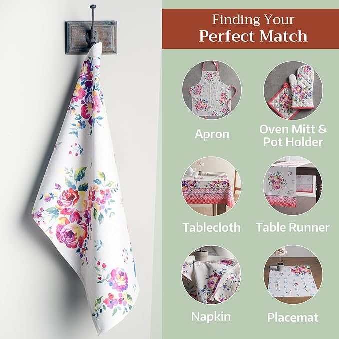 Maison d' Hermine Kitchen Towels Set of 3 100% Cotton 27.50" x 20" Reusable Cloth Tea Dish Towels Absorbent with Hanging Loop for Kitchen, Home, Dining, Cocktail Parties Spring/Summer (Rose Garden)