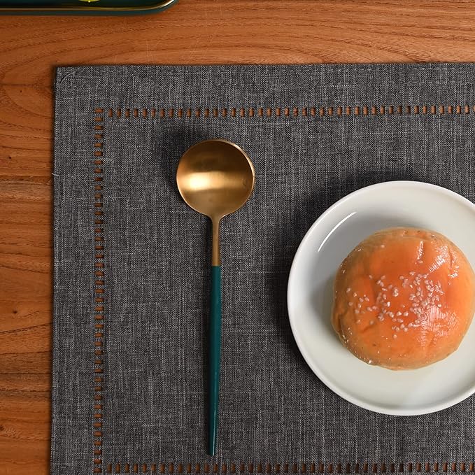 Tosewever Set of 6 Decorative Linen Placemats 12 x 18 Inches, Farmhouse Style Table Mats for Everyday Dining Wedding Party Holiday Home Decor (6 Pieces 12 x 18”, Grey/Straight)