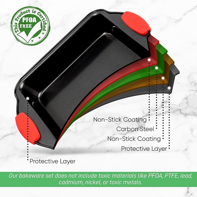 NutriChef Nonstick Square Baking Pan with Red Silicone Grip Handles - Square Brownie & Cake Tray - Even Heat Distribution, PFOA, PFOS, PTFE-Free Nonstick Coating - 8" x 8" Pan, Gray