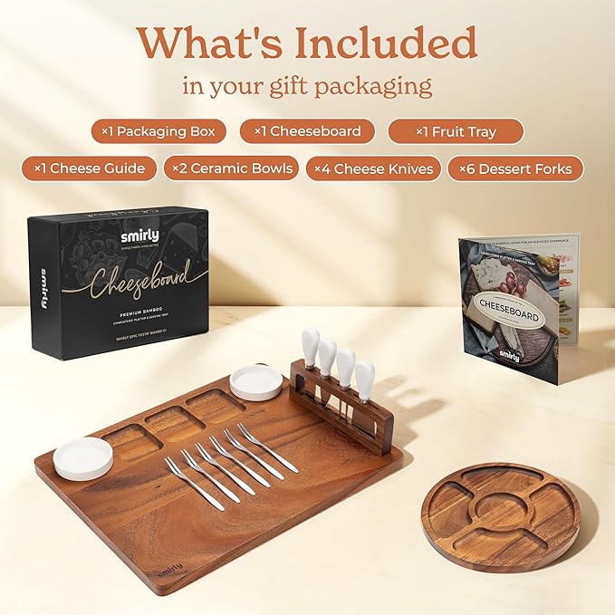 SMIRLY Charcuterie Boards Set, Large Cheese Board Set, Natural Walnut Wood Charcuterie Tray with Accessories - Housewarming Gifts New Home, Wedding & Bridal Shower Gifts for Women, Couples