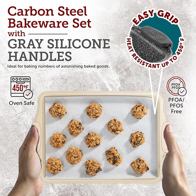 BAKKEN Kitchen Baking Pans - 15.15 x 10.03" Medium Nonstick Sheet, Durable Carbon Steel Cookie Sheet with White Silicone Handles, PFOA, PFOS, PTFE Free, Oven Safe Tray (Up To 450°F), Set of 1