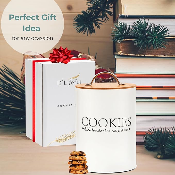 D'Lifeful Cookie Jar with Airtight Bamboo Lid – 1.1 Gallon Cute and Decorative Cookie Storage for Kitchen Countertop – Farmhouse Storage Tin for Freshness – Great Gift Idea