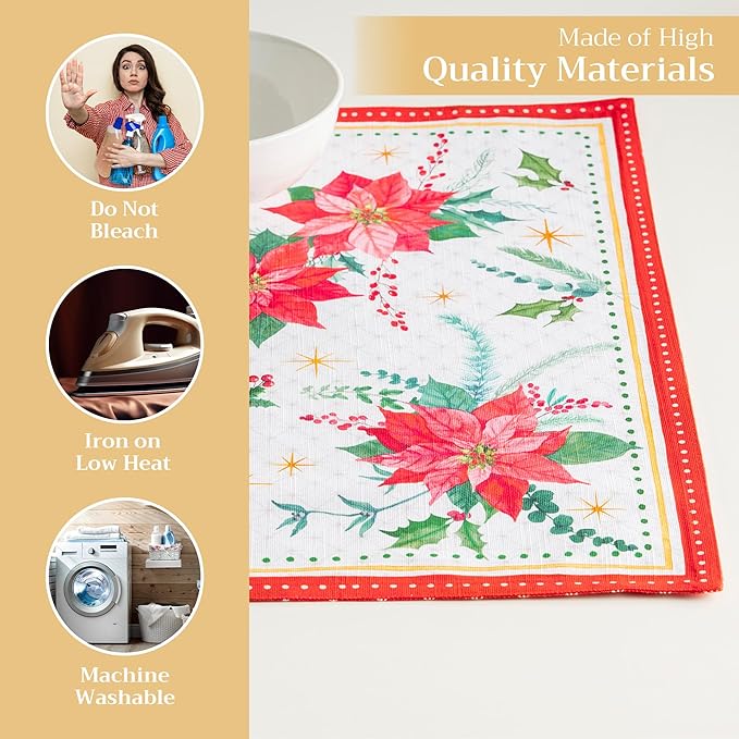 Maison d' Hermine Placemats Set of 4 100% Cotton Washable Cloth Place Mats, Reusable Table Mats for Thanksgiving Christmas Decorations Kitchen Dining Party Wedding (Poinsettia Christmas, 13" x 19")
