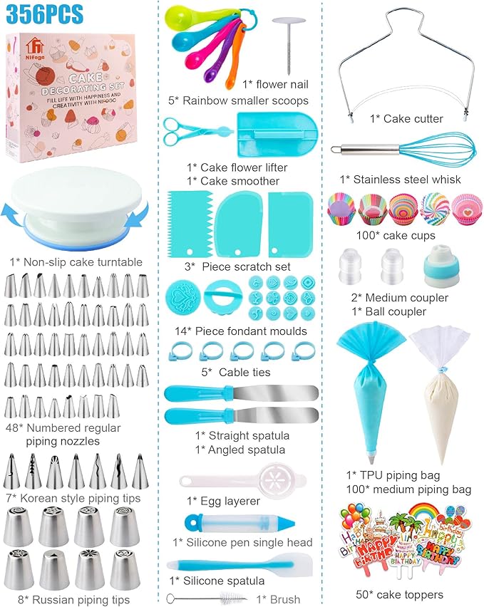 Cake Decorating Supplies Kit Tools 356pcs, Nifogo Baking Accessories with Cake Turntable, Pastry Piping Bag, Piping Icing Tips for Beginners