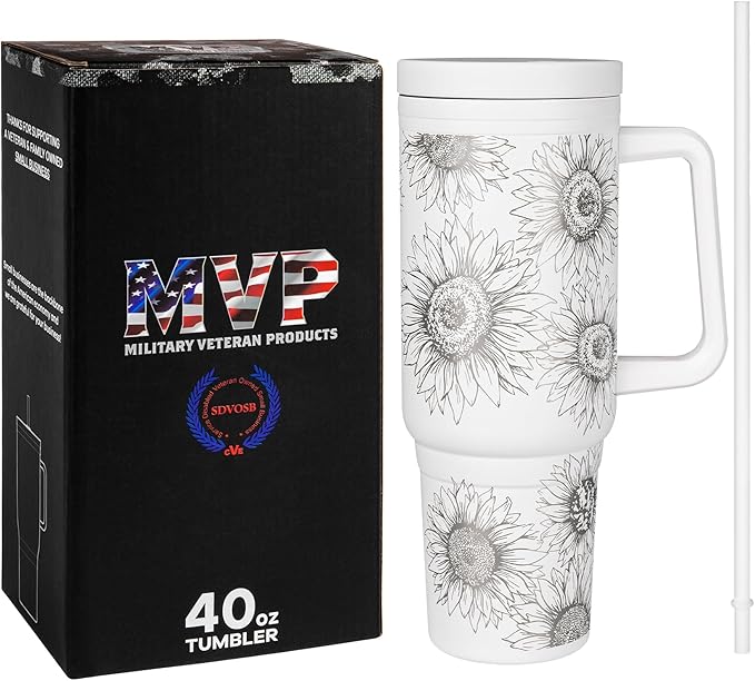 Engraved Sunflower 40oz Insulated Tumbler with Handle, Lid & Straw - Use for Water, Tea, Coffee & More-Disabled USMC Vet Owned Small Business - Sunflower 40oz Tumbler