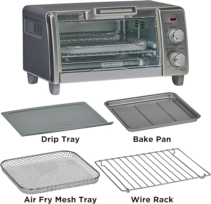 BLACK+DECKER Crisp 'N Bake Air Fry Countertop Convection Toaster Oven, Medium Capacity, 4-Slice, 5-in-1, Fits 9” Pizza, 30-Min Timer, Bake, Broil, Air Fry, Toast, Keep Warm, Stainless Steel