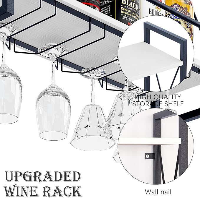 Dokser Wine Rack Wall Mounted 2 Tier Shelf, Wall Wine Rack with Rustic Wood & Industrial Iron Frame, Wine Bottle Holder for Kitchen, Dining Room, Home Bar Decor (White)