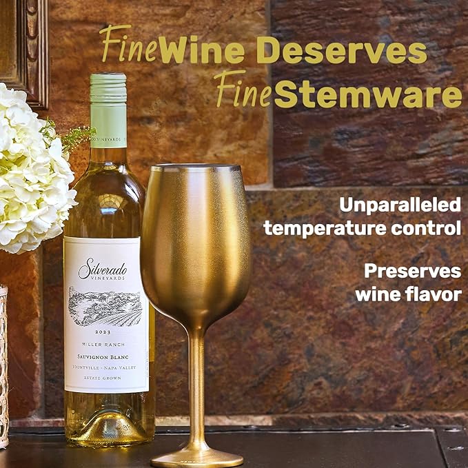 NEWPORT Stemware Collection Premium Vacuum Insulated Stainless Steel Wine Glass, Lightweight Wine Glass, Unbreakable & Drinks Stay Cold, Non-Slip Silicon Base, Cocktail Glasses, 12oz, Shimmer Gold