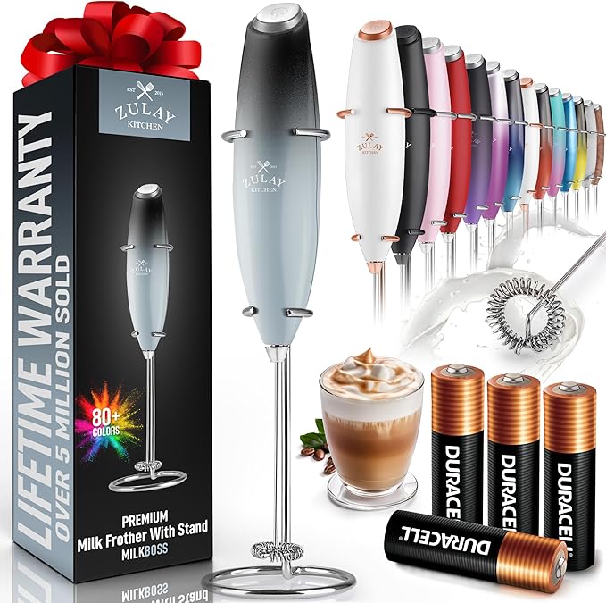Zulay Kitchen Powerful Milk Frother Wand With 4 AA Duracell Batteries - Ultra Fast Handheld Drink Mixer - Electric Whisk Foam Maker for Coffee, Lattes, Cappuccino, Matcha & Creamer -