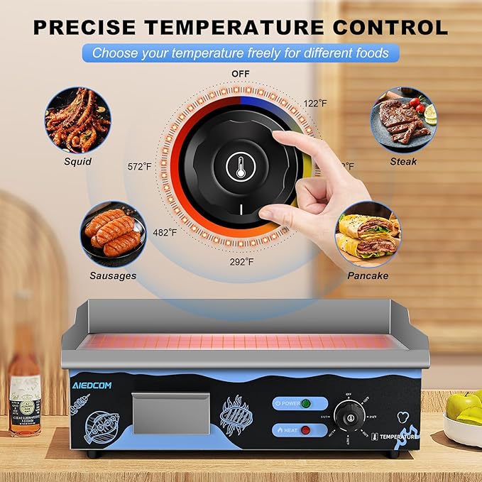 22 Inch Commercial Electric Griddle, Countertop Griddle with Non-stick Flat Top Grill, Stainless Steel Kitchen 2500W Electric Griddle for Home or Restaurant