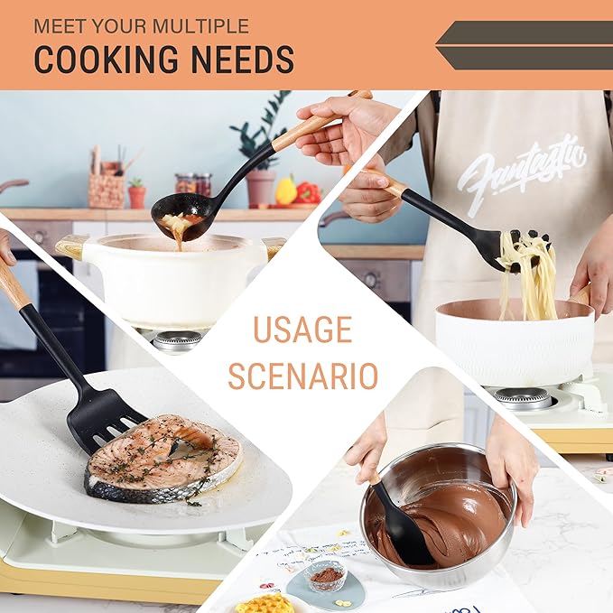 Silicone Cooking Utensils Set, Heat Resistance Large Kitchen Utensils Set with Long Wooden Handle, BPA-free Silicone Spatula, 6 Pcs Cooking Spoons for Non Stick Frying Pans and Pots（Black）