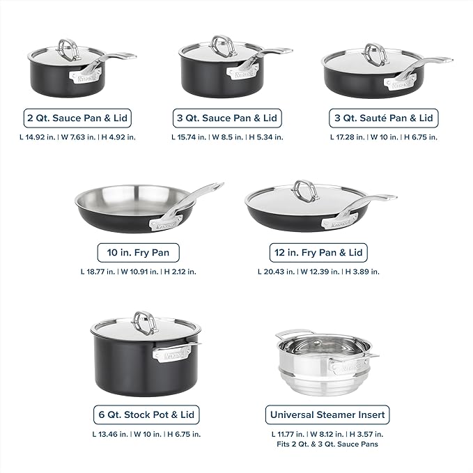 Viking 3-Ply Pots and Pans Set, 12 Piece Stainless Steel Kitchen Cookware Set with Lids, Dishwasher Safe, Induction Ready, Cast Black