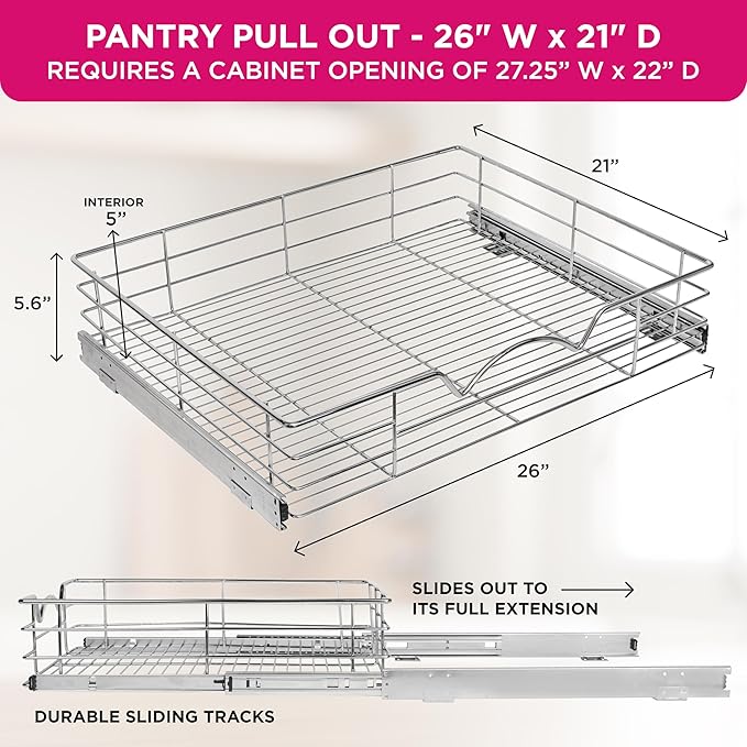 HOLDN’ STORAGE Pull Out Cabinet Organizer, Individual Sliding Drawers - Heavy Duty Metal with Lifetime Limited Warranty - Anti Rust Chrome Finish (Single Tier, 26" W)