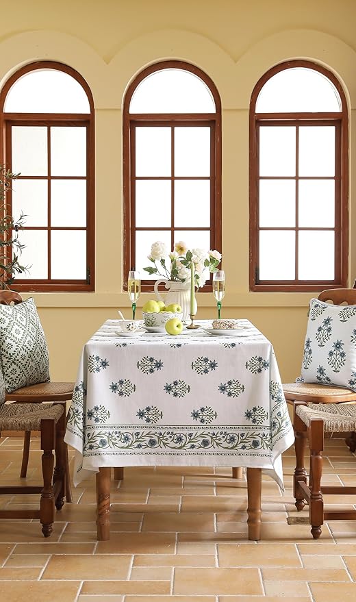 Floral Tablecloth for Rectangle Tables,Linen Table Cloth with Blue Flowers and Green Leaves,Heavy Durable Table Cover for Dining Thanksgiving Kitchen Party Banquet Christmas,63"*94"