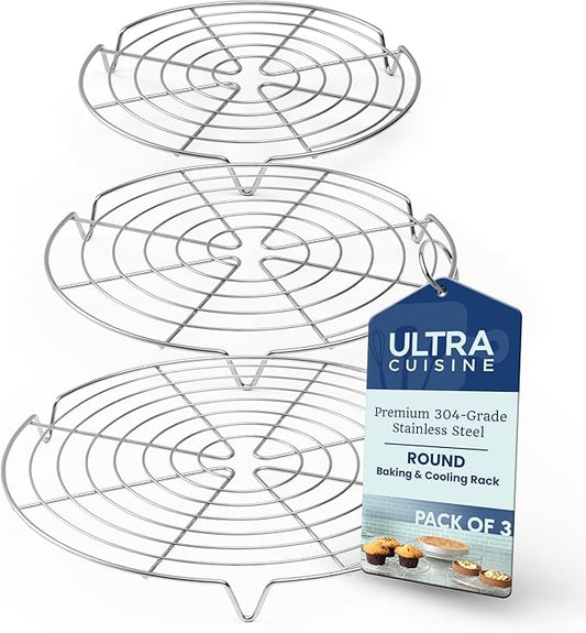 Ultra Cuisine 3 Set Round Cooling Racks for Cooking and Baking – Oven & Dishwasher-Safe, 100% Stainless Steel Steaming and Baking Rack - Fits Air Fryer, Pressure Cooker & Cake Pan (7.5, 9 & 10.5 Inch)