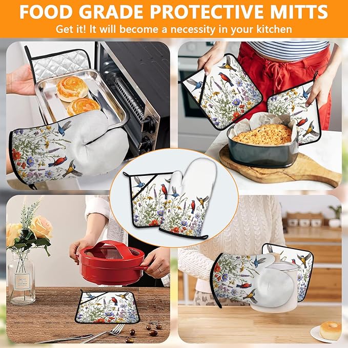 Wildflowers Birds Oven Mitts and Pot Holders Sets 4Pcs,Extra Long Oven Gloves Potholder for Kitchen Cooking Baking BBQ 100% Cotton Heat Resistant