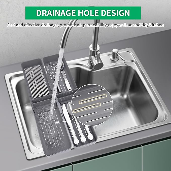 Kitchen Drawer Silverware Organizer, Adjustable Cutlery Organizer, Expandable Utensils Holder, Silverware Dividers Tray, Storage for Flatware, Large Drain Board (Gray,2 Sets)