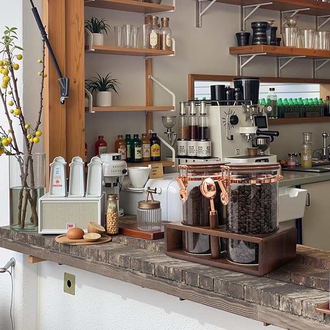 Glass Coffee Canister Set with Shelf and Spoon, Set of 2 Coffee Containers for Storing Ground Coffee Beans, Sealed, Coffee Bar Coffee Filter Holder