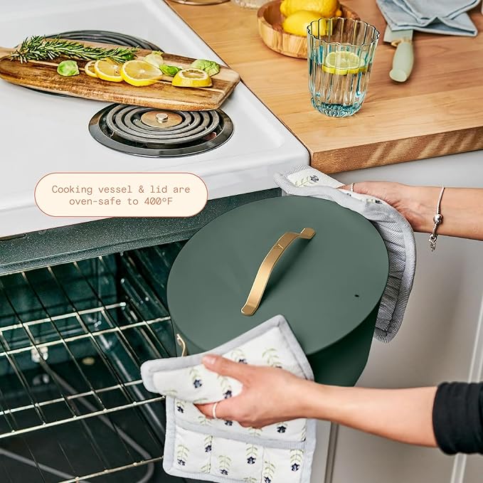 Beautiful 10-in-1 Electric Multi-Cooker by Drew Barrymore, 6-quart, digital display, 10 cooking functions, non-stick pot, easy one-touch control (Thyme Green)