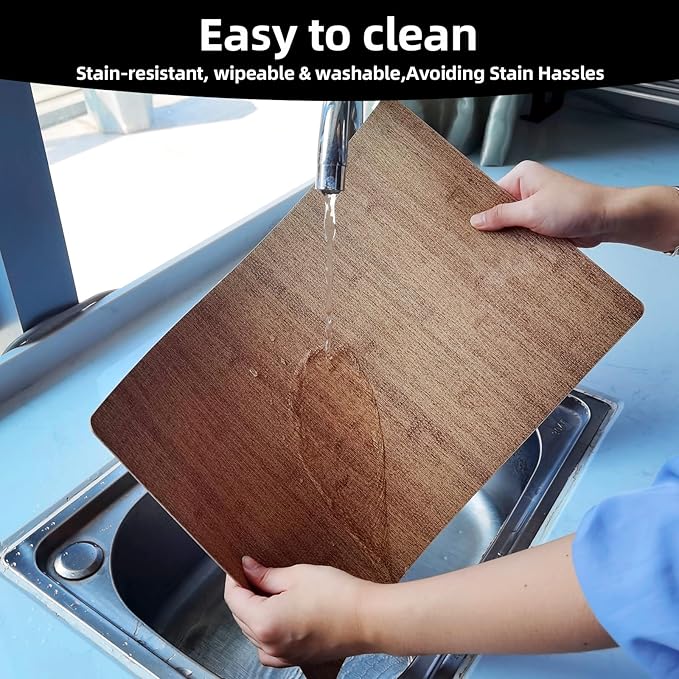 Vinyl Placemats Set of 6-12×17.7 Inch Waterproof & Heattable Placemats, Fall Faux Leather Wipeable Outdoor Table Mat for Dining, Kitchen, Indoor Outdoor Use (Brown, Wood Grain)