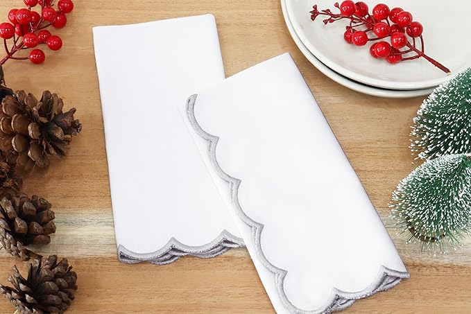 PurpleEssences Scalloped Embroidery Cloth Napkins Christmas Holiday Winter Table Decor 100% Cotton Set of 4-18 x 18 inch - White - Edges - Silver